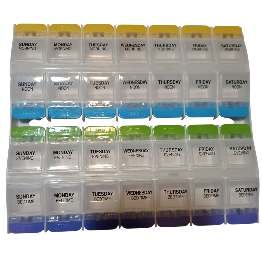 EUC Weekly pill/medication organizer/box for a Month - Multi Color-coded Lids